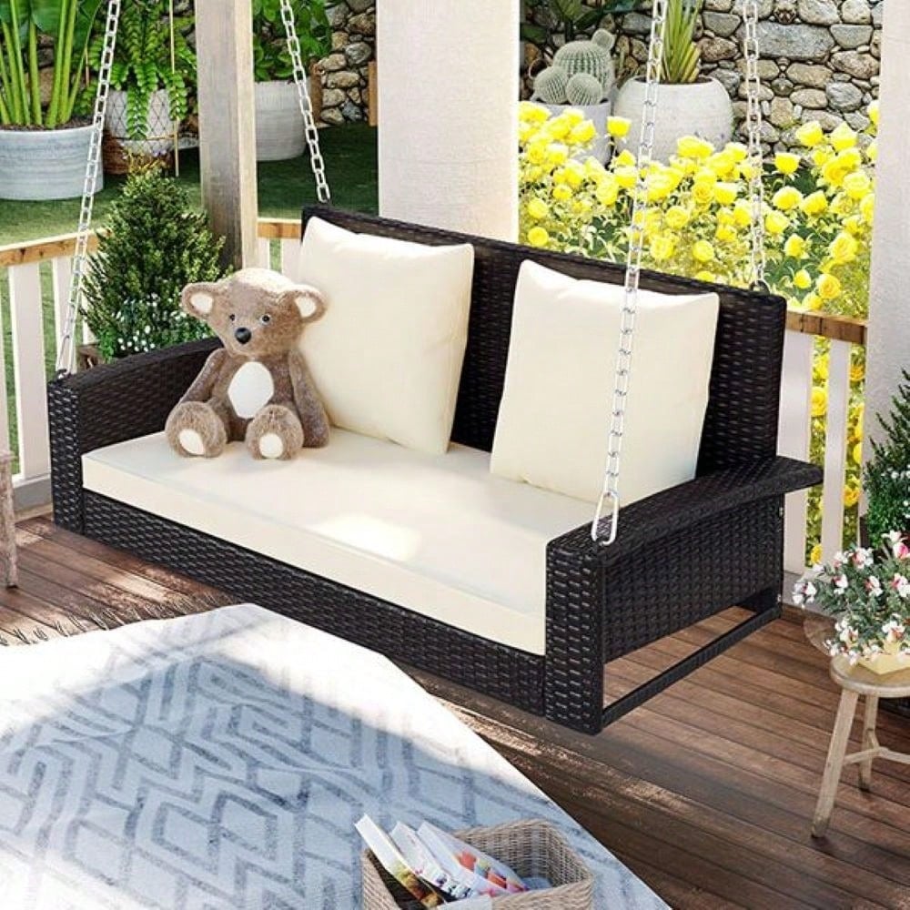 [Seats Up To 2 Persons] 2-Person Wicker Hanging Porch Swing With Chains, Cushion, Pillow, Rattan Swing Bench For Garden, Image 9