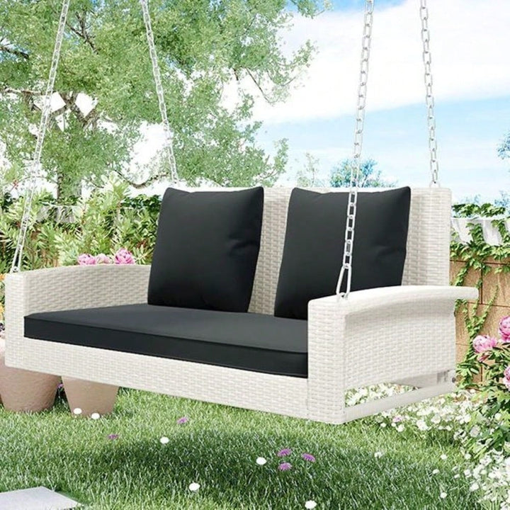 [Seats Up To 2 Persons] 2-Person Wicker Hanging Porch Swing With Chains, Cushion, Pillow, Rattan Swing Bench For Garden, Image 10