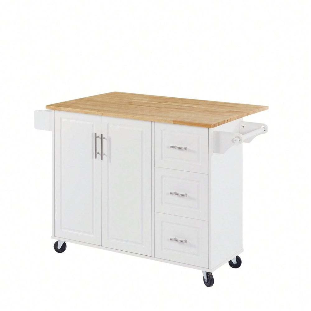 Versatile Rolling Kitchen Island With Drop Leaf Countertop, Storage Cabinet, And Tower Rack - White Finish Image 2