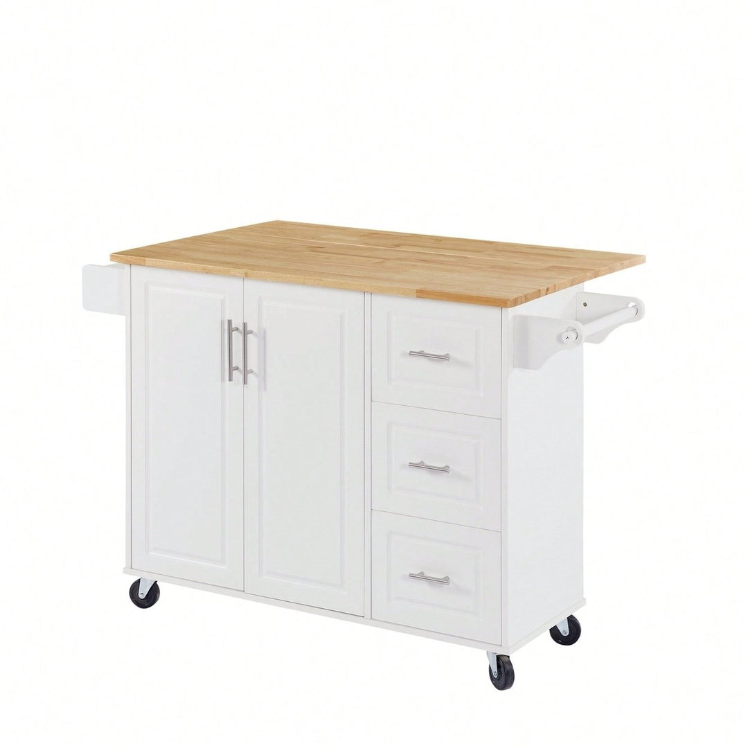 Versatile Rolling Kitchen Island With Drop Leaf Countertop, Storage Cabinet, And Tower Rack - White Finish Image 1