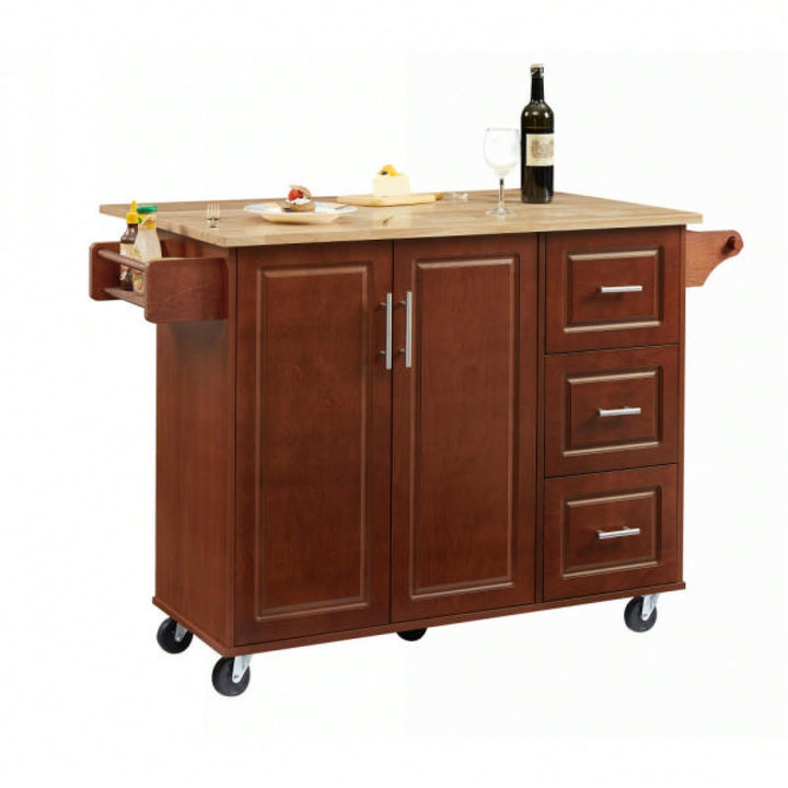 Versatile Rolling Kitchen Island With Drop Leaf Countertop, Storage Cabinet, And Tower Rack - White Finish Image 3