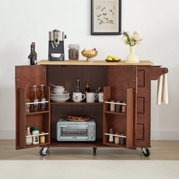 Versatile Rolling Kitchen Island With Drop Leaf Countertop, Storage Cabinet, And Tower Rack - White Finish Image 5