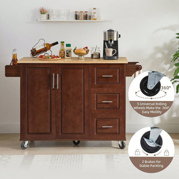 Versatile Rolling Kitchen Island With Drop Leaf Countertop, Storage Cabinet, And Tower Rack - White Finish Image 7