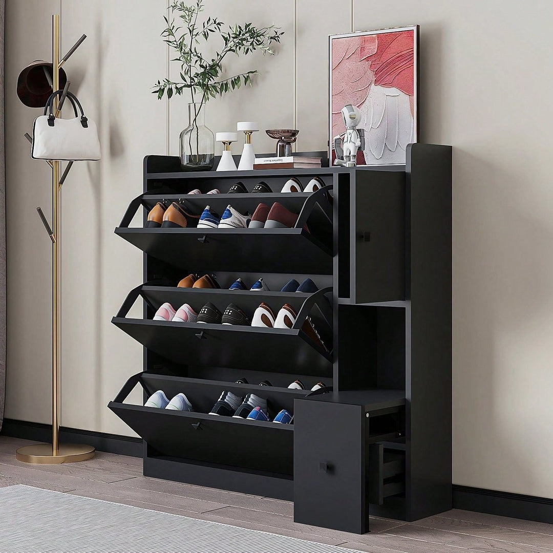 Versatile Shoe Cabinet with 3 Flip Drawers and Pull-Down Seat for Entryway Storage and Organization Image 1