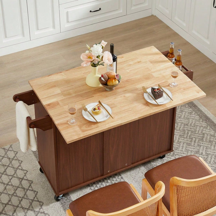 Versatile Rolling Kitchen Island With Drop Leaf Countertop, Storage Cabinet, And Tower Rack - White Finish Image 8