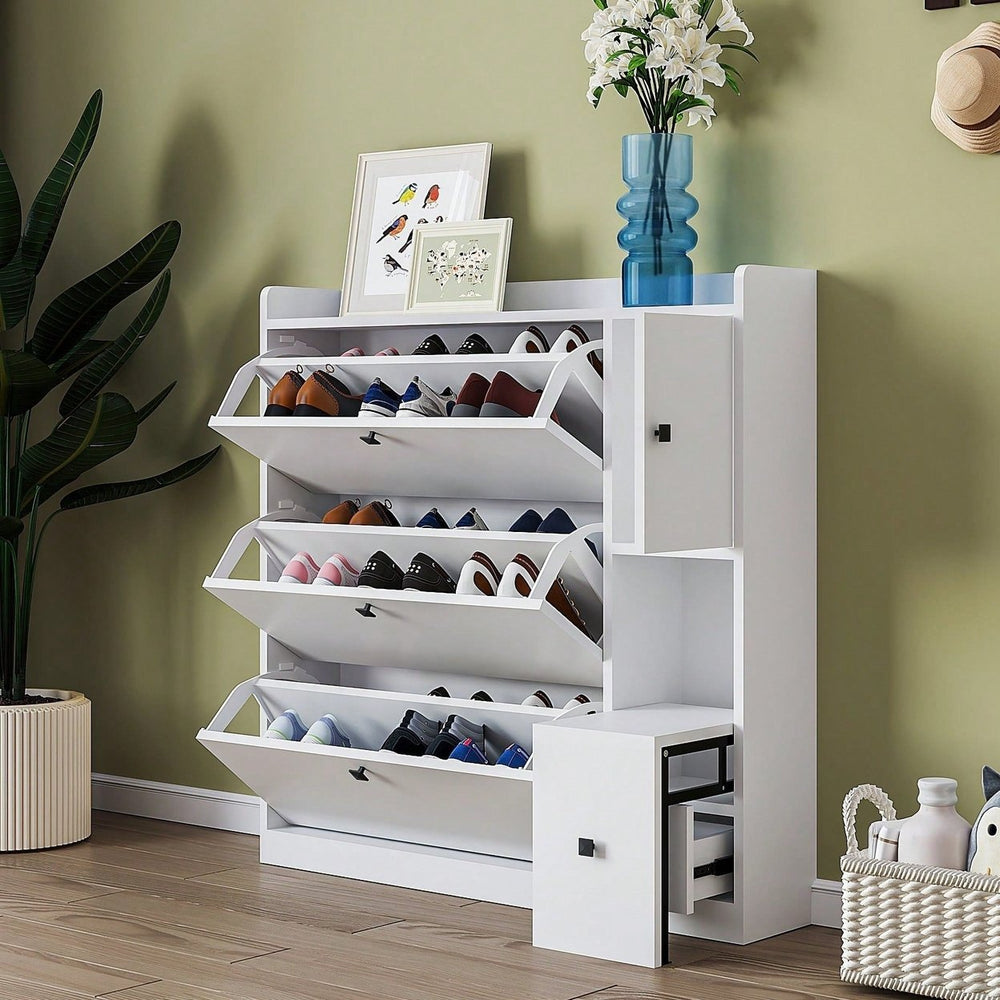 Versatile Shoe Cabinet with 3 Flip Drawers and Pull-Down Seat for Entryway Storage and Organization Image 2