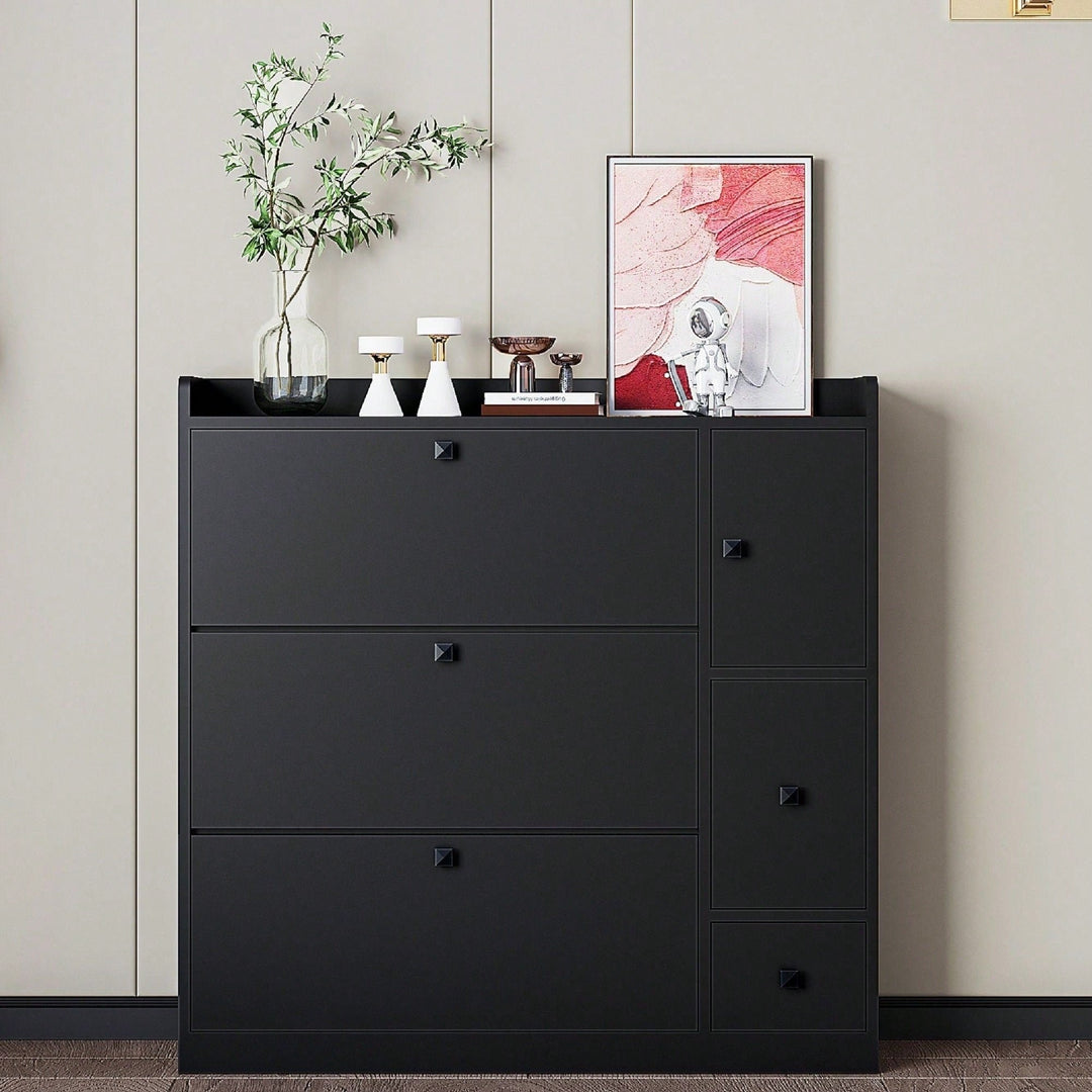 Versatile Shoe Cabinet with 3 Flip Drawers and Pull-Down Seat for Entryway Storage and Organization Image 3