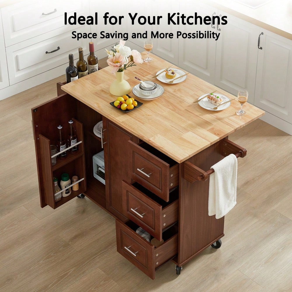 Versatile Rolling Kitchen Island With Drop Leaf Countertop, Storage Cabinet, And Tower Rack - White Finish Image 10