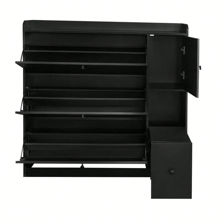 Versatile Shoe Cabinet with 3 Flip Drawers and Pull-Down Seat for Entryway Storage and Organization Image 12