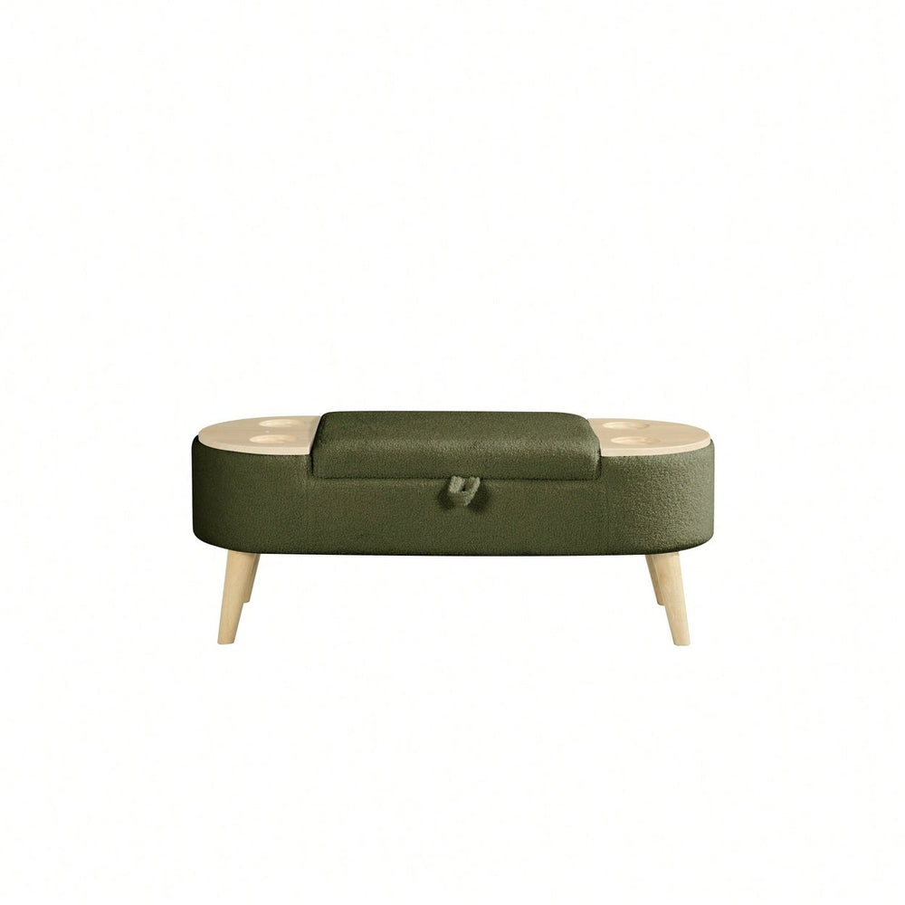 Vintage Oval Storage Bench With 3D Pile Fabric Soft Foam Cushion For Living Room Entryway Bedroom Image 2