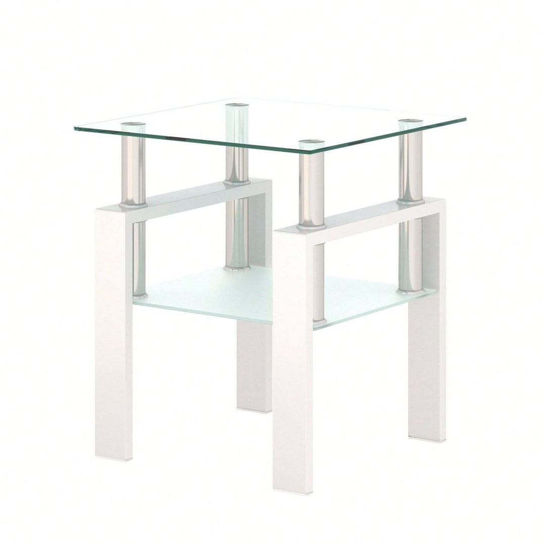 Tempered Glass Side Table With Metal Leg: Elegant Design, Transparent/Frosted Glass Layers, 150lbs Load-Bearing Capacity Image 2