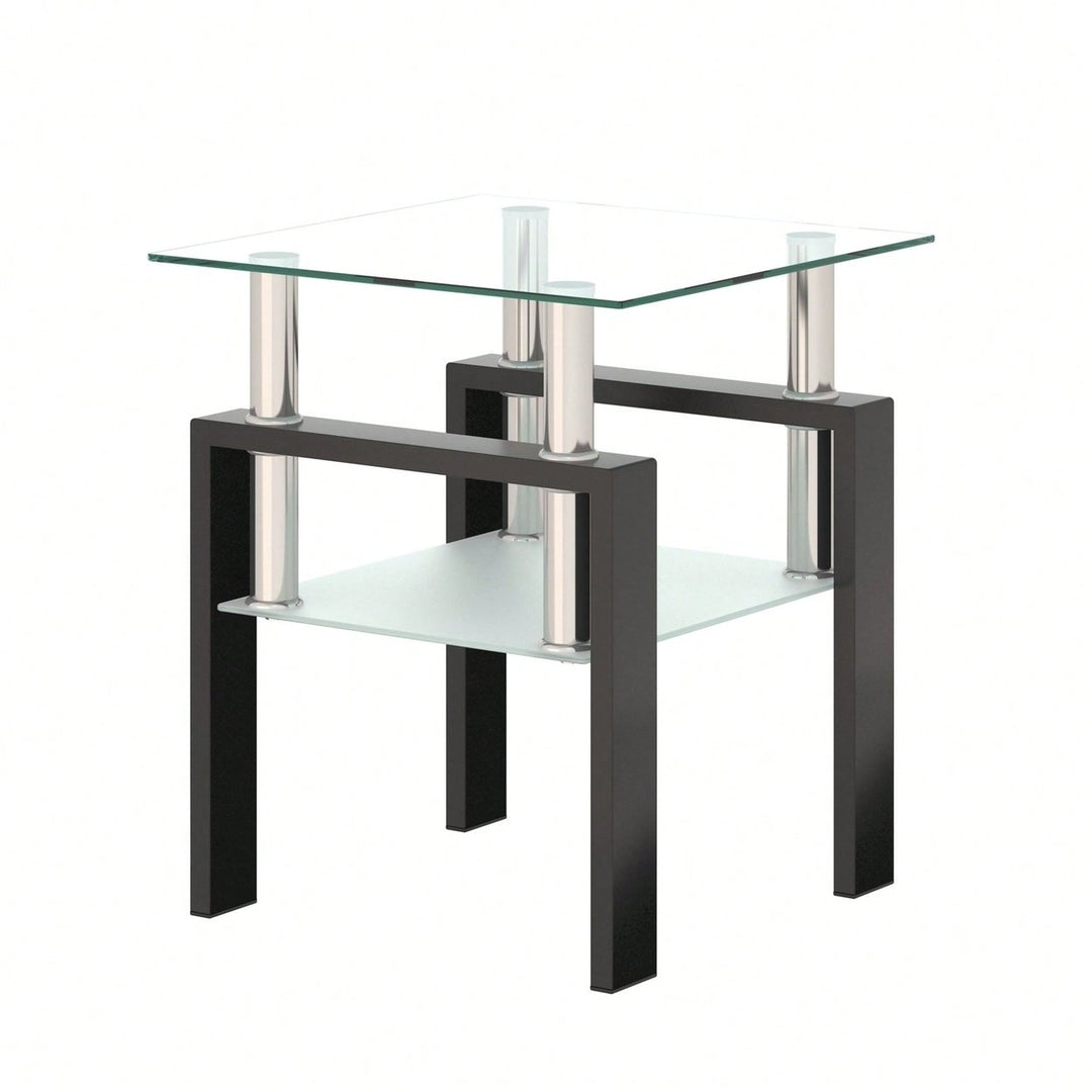 Tempered Glass Side Table With Metal Leg: Elegant Design, Transparent/Frosted Glass Layers, 150lbs Load-Bearing Capacity Image 3