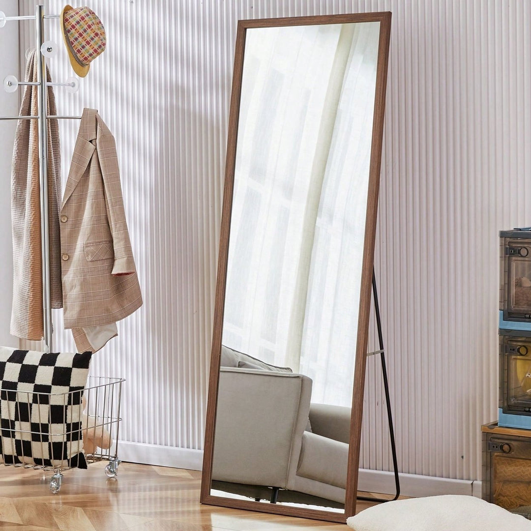 Thick Border Brown Wood Grain Full Length Standing Mirror 65x22.8 Decorative Bedroom Entrance Mirror Image 2