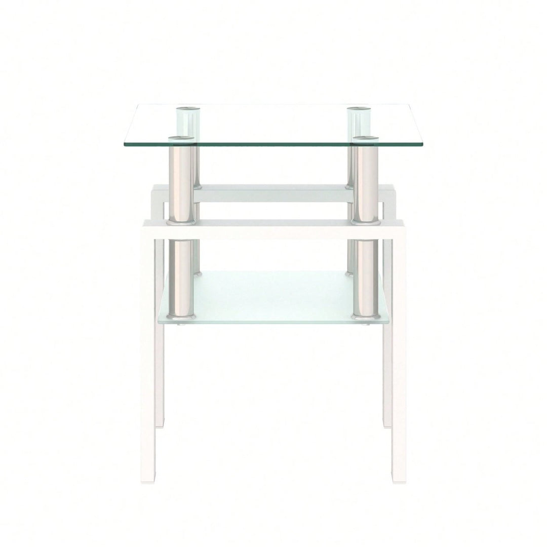 Tempered Glass Side Table With Metal Leg: Elegant Design, Transparent/Frosted Glass Layers, 150lbs Load-Bearing Capacity Image 10