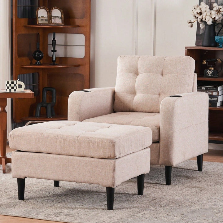 Tufted Upholstered Armchair and Storage Ottoman Set with Cup Holders and Side Pocket for Living Room or Bedroom Image 1