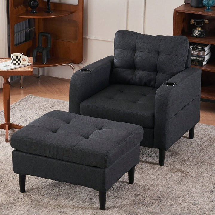 Tufted Upholstered Armchair and Storage Ottoman Set with Cup Holders and Side Pocket for Living Room or Bedroom Image 2