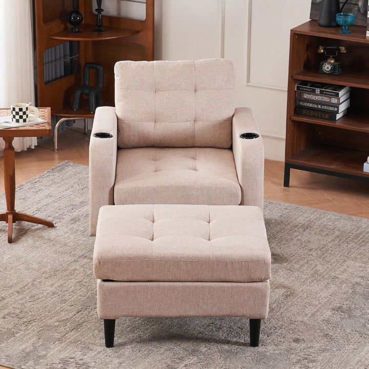 Tufted Upholstered Armchair and Storage Ottoman Set with Cup Holders and Side Pocket for Living Room or Bedroom Image 3