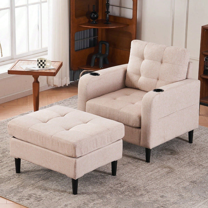 Tufted Upholstered Armchair and Storage Ottoman Set with Cup Holders and Side Pocket for Living Room or Bedroom Image 4