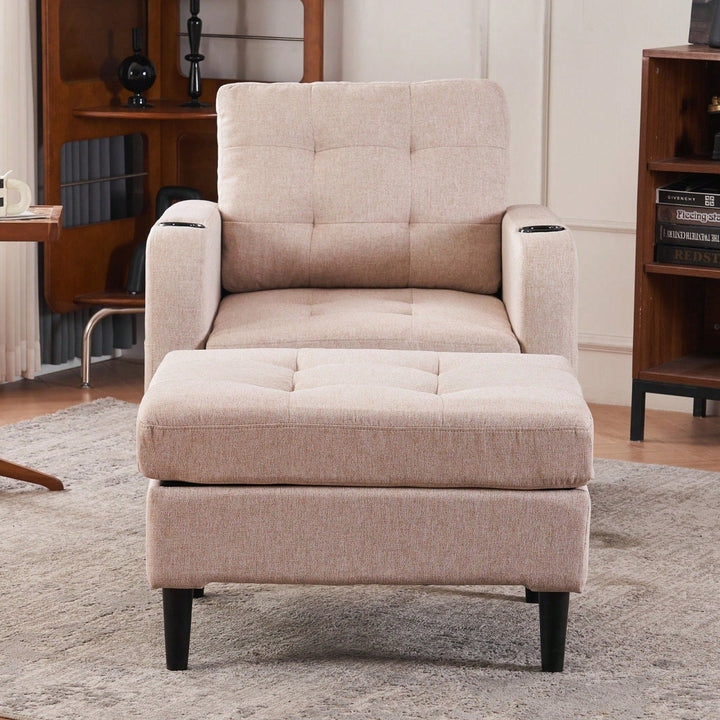 Tufted Upholstered Armchair and Storage Ottoman Set with Cup Holders and Side Pocket for Living Room or Bedroom Image 5