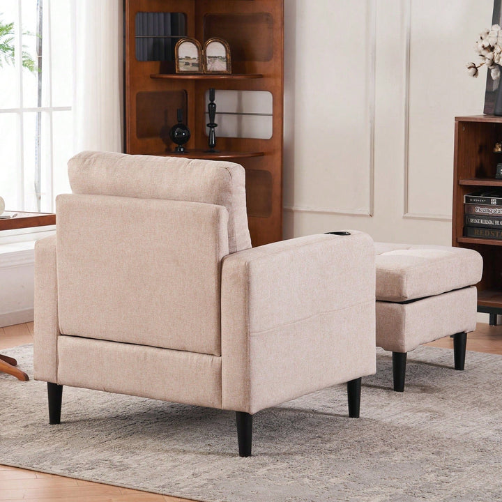 Tufted Upholstered Armchair and Storage Ottoman Set with Cup Holders and Side Pocket for Living Room or Bedroom Image 6