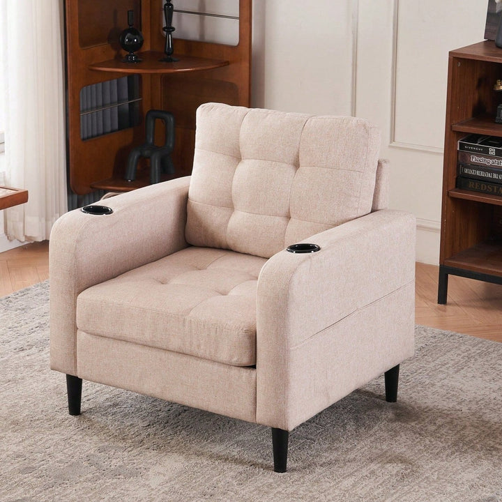 Tufted Upholstered Armchair and Storage Ottoman Set with Cup Holders and Side Pocket for Living Room or Bedroom Image 9