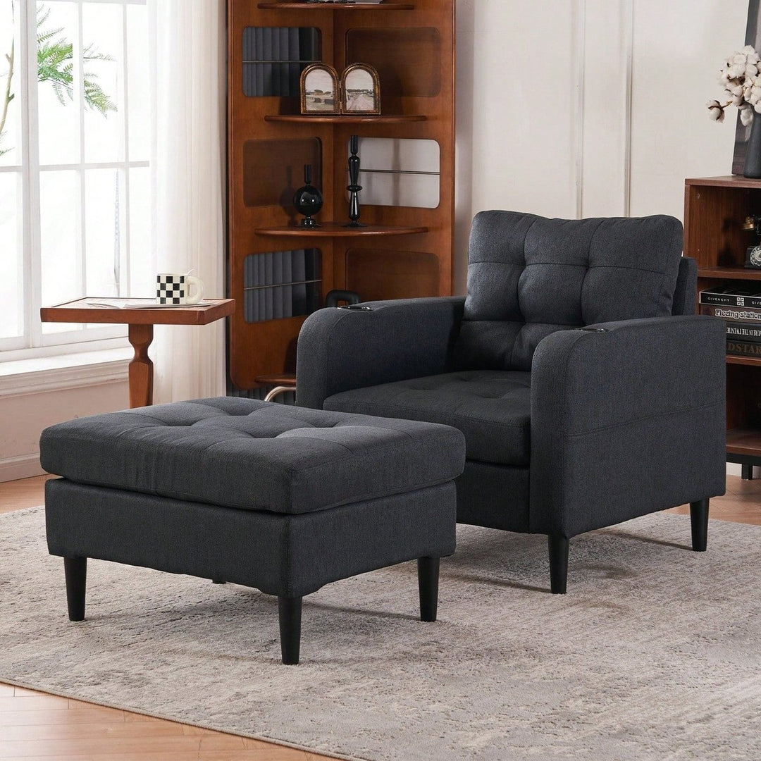 Tufted Upholstered Armchair and Storage Ottoman Set with Cup Holders and Side Pocket for Living Room or Bedroom Image 11