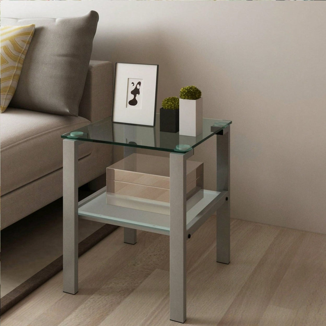 Two-Layer Glass Tea Table, Small Round Table, Bedroom Corner Table, Living Room Grey Side Table Image 1