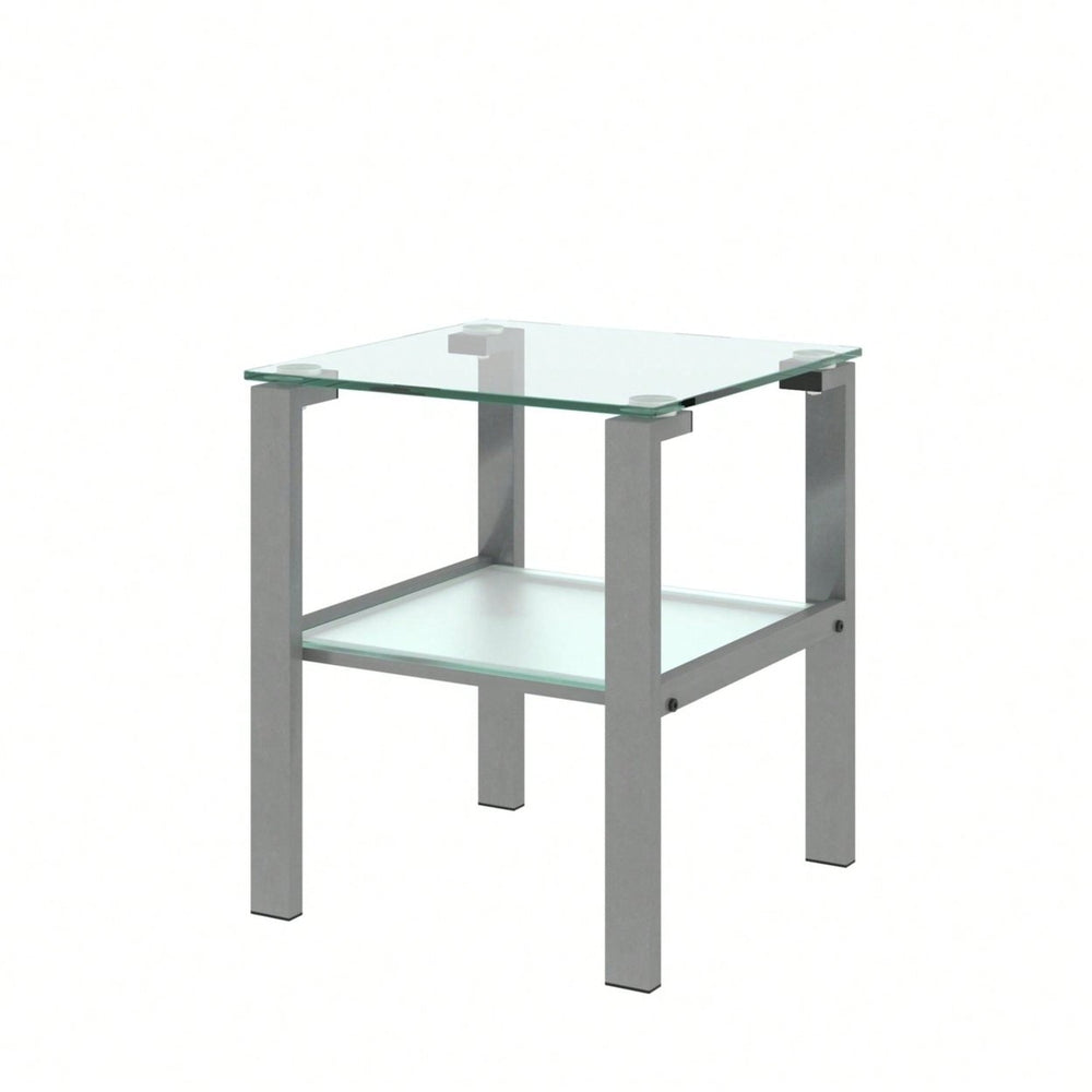 Two-Layer Glass Tea Table, Small Round Table, Bedroom Corner Table, Living Room Grey Side Table Image 2