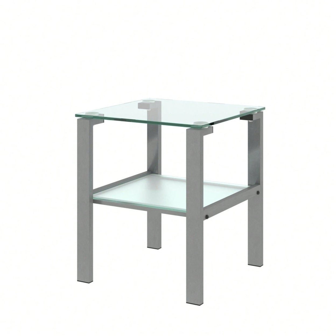 Two-Layer Glass Tea Table, Small Round Table, Bedroom Corner Table, Living Room Grey Side Table Image 2