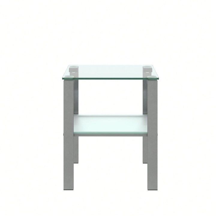 Two-Layer Glass Tea Table, Small Round Table, Bedroom Corner Table, Living Room Grey Side Table Image 3