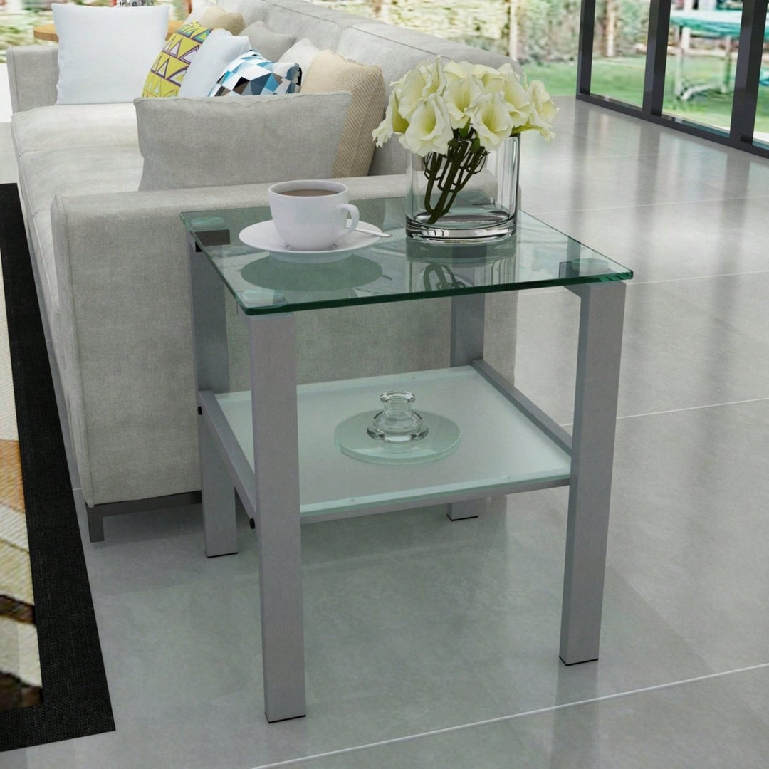 Two-Layer Glass Tea Table, Small Round Table, Bedroom Corner Table, Living Room Grey Side Table Image 5