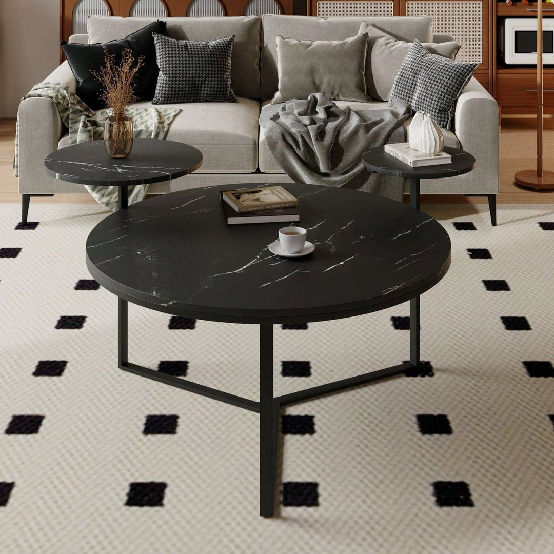 Two-Tier Modern Coffee Table With Faux Marble Surfaces, Tripod-Inspired Base Image 1