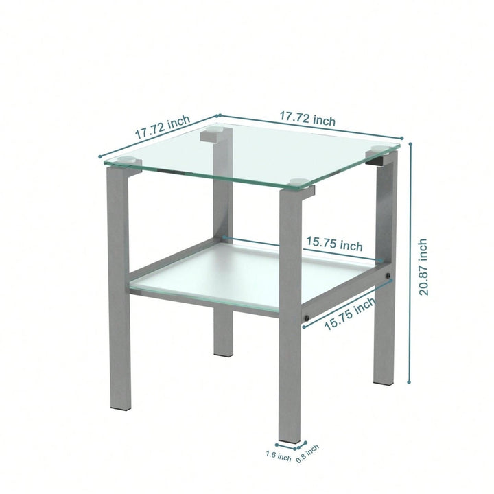 Two-Layer Glass Tea Table, Small Round Table, Bedroom Corner Table, Living Room Grey Side Table Image 9