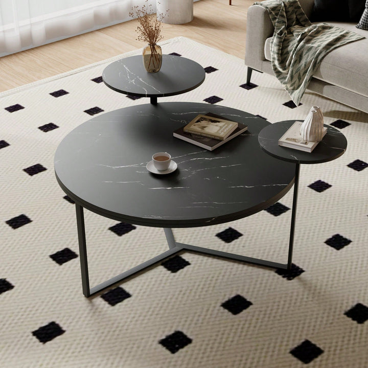 Two-Tier Modern Coffee Table With Faux Marble Surfaces, Tripod-Inspired Base Image 3