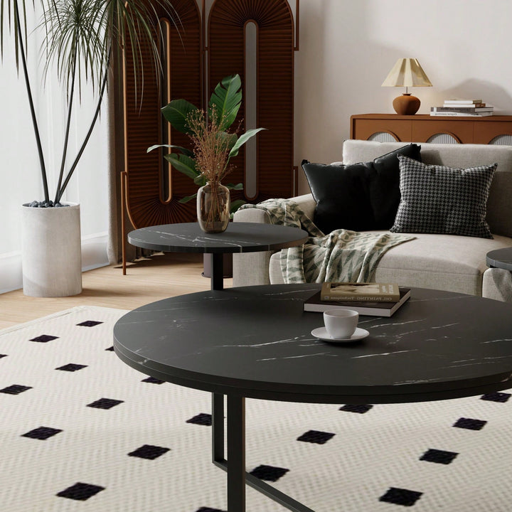 Two-Tier Modern Coffee Table With Faux Marble Surfaces, Tripod-Inspired Base Image 4