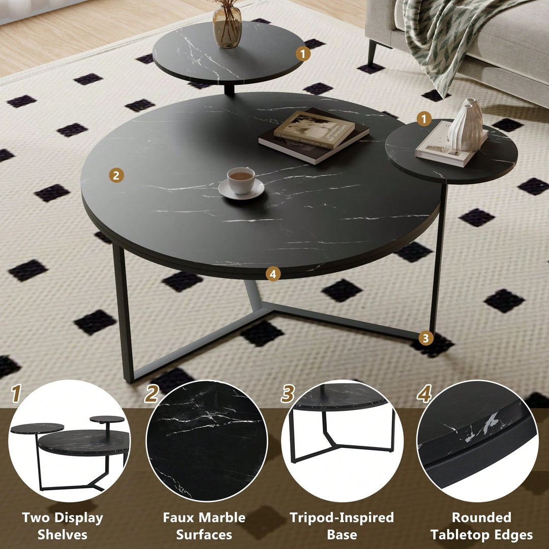 Two-Tier Modern Coffee Table With Faux Marble Surfaces, Tripod-Inspired Base Image 6