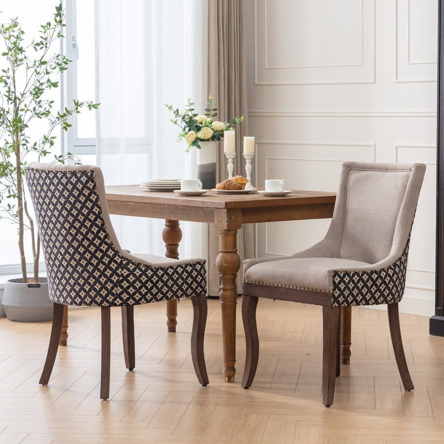 Ultra Side Dining Chairs Set of 2 Beige Thick Fabric with Solid Wood Legs and Bronze Nail Head Image 1