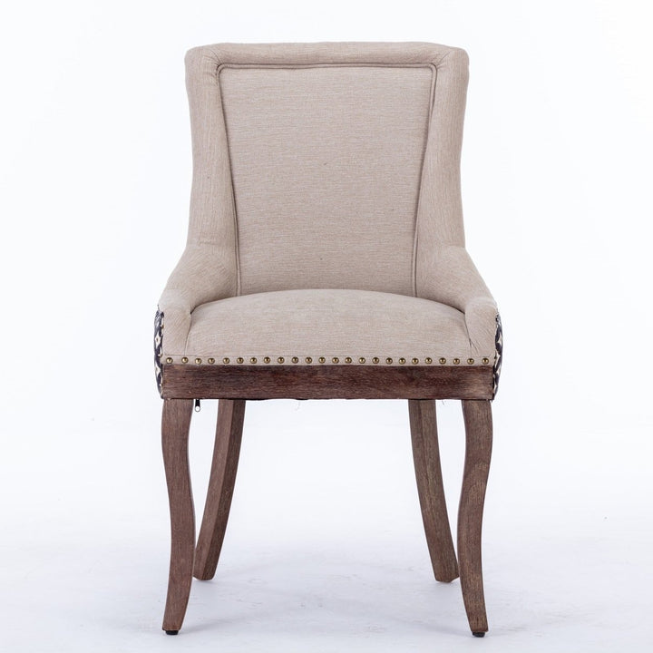 Ultra Side Dining Chairs Set of 2 Beige Thick Fabric with Solid Wood Legs and Bronze Nail Head Image 2