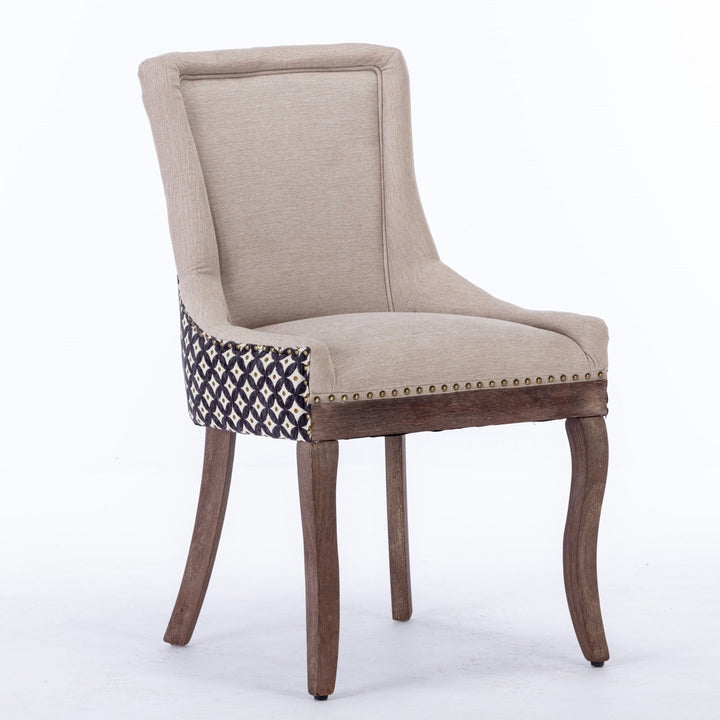 Ultra Side Dining Chairs Set of 2 Beige Thick Fabric with Solid Wood Legs and Bronze Nail Head Image 3