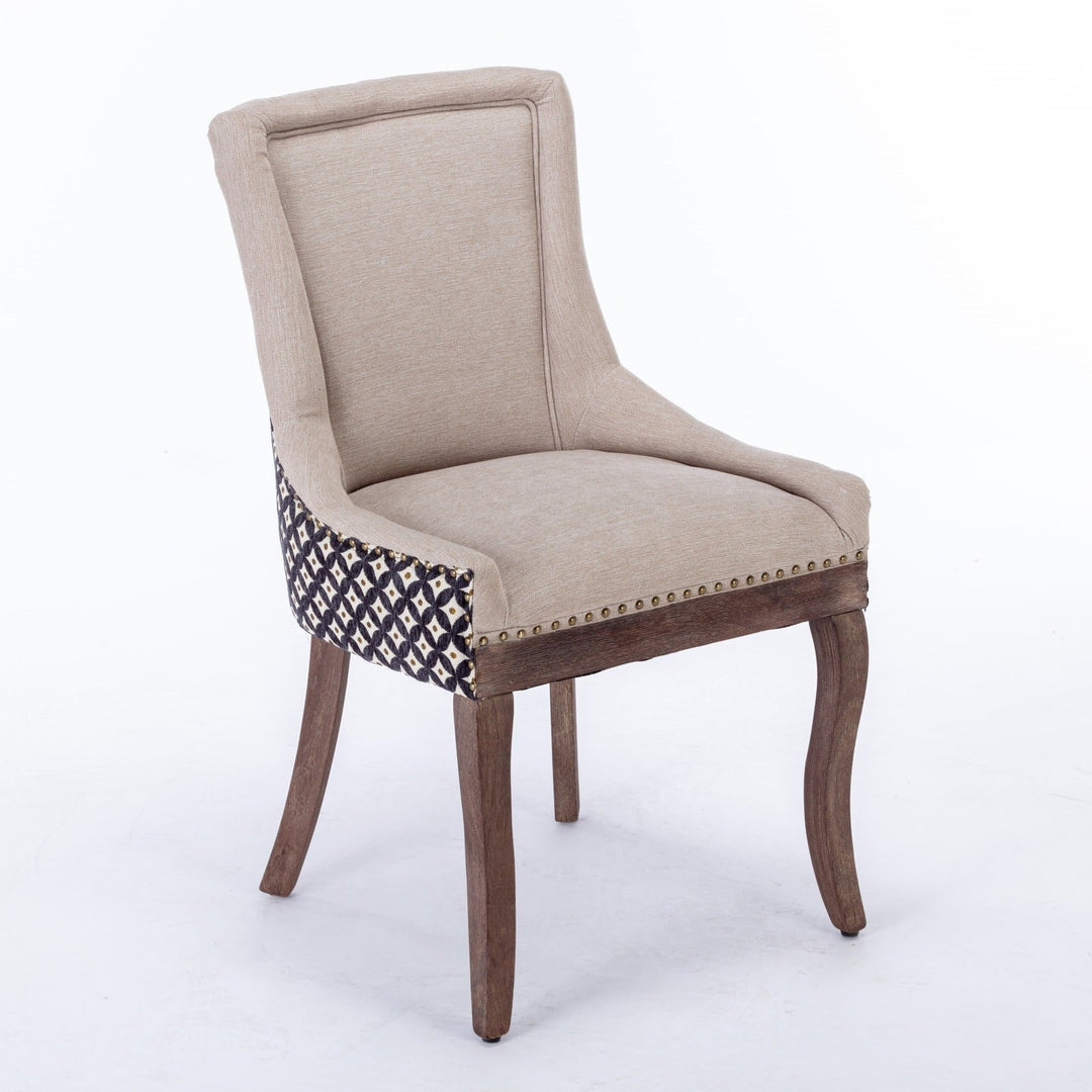 Ultra Side Dining Chairs Set of 2 Beige Thick Fabric with Solid Wood Legs and Bronze Nail Head Image 4