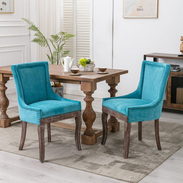 Ultra Side Dining Chair Thickened fabric chairs with neutrally toned solid wood legs Bronze nail head Set of 2 Blue Image 1