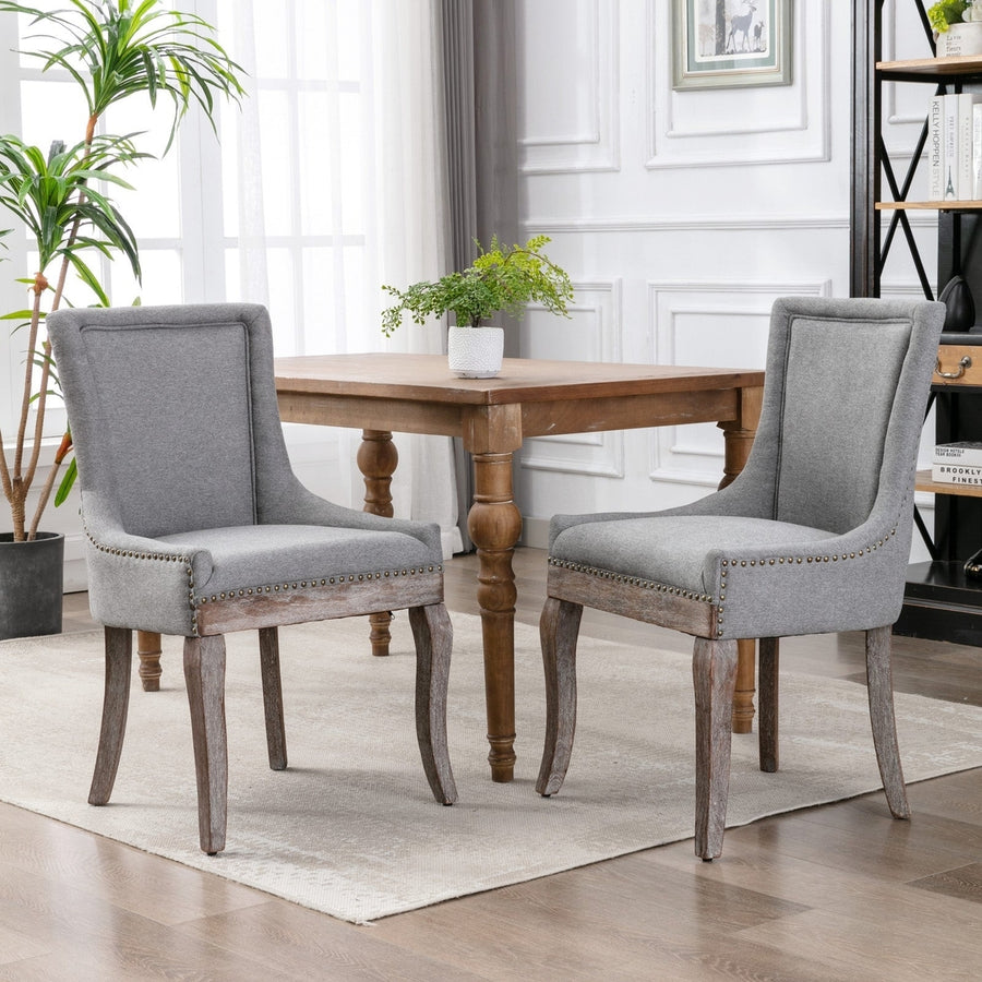 Ultra Side Dining Chair Thickened fabric chairs with neutrally toned solid wood legs Bronze nail head Set of 2 Gray Image 1