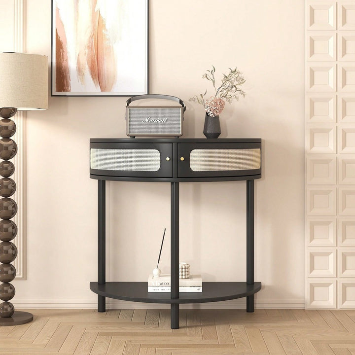 Unique Half Moon Rattan End Table With Storage Drawers And Bottom Shelf For Living Room And Image 1