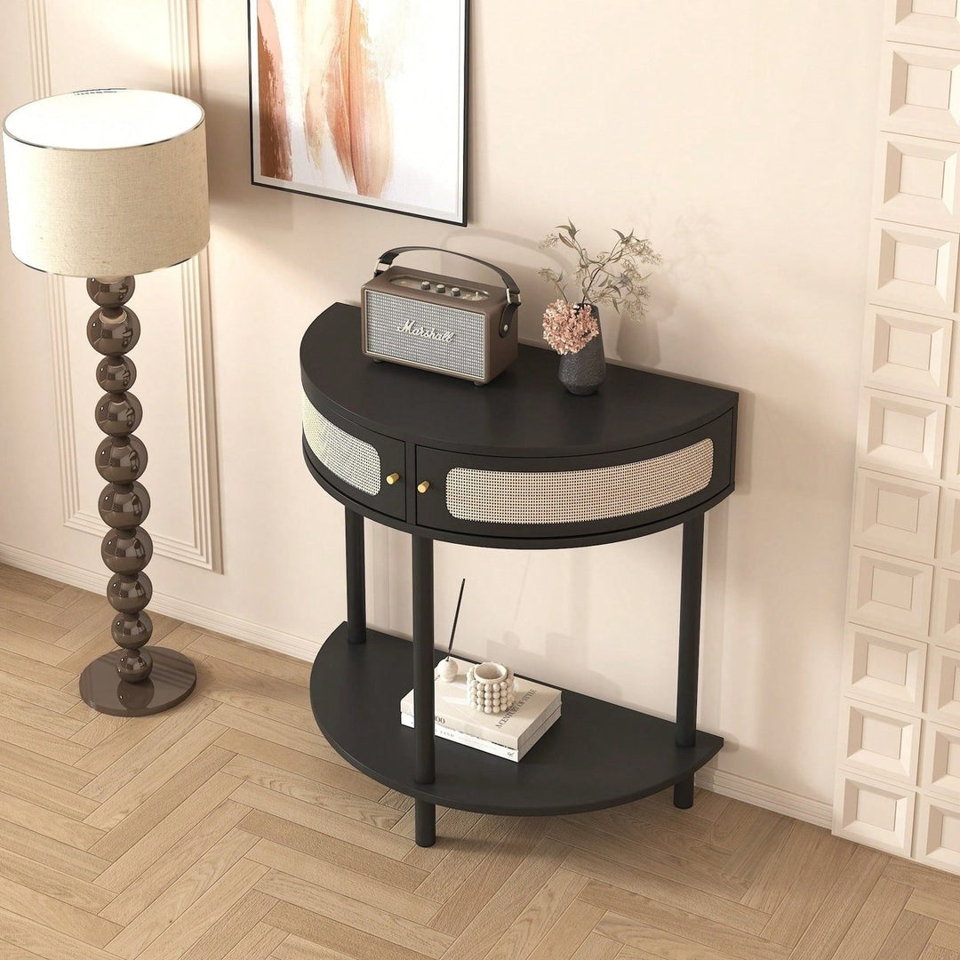 Unique Half Moon Rattan End Table With Storage Drawers And Bottom Shelf For Living Room And Image 2