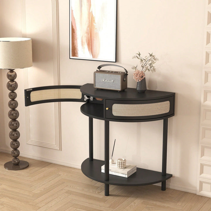 Unique Half Moon Rattan End Table With Storage Drawers And Bottom Shelf For Living Room And Image 4