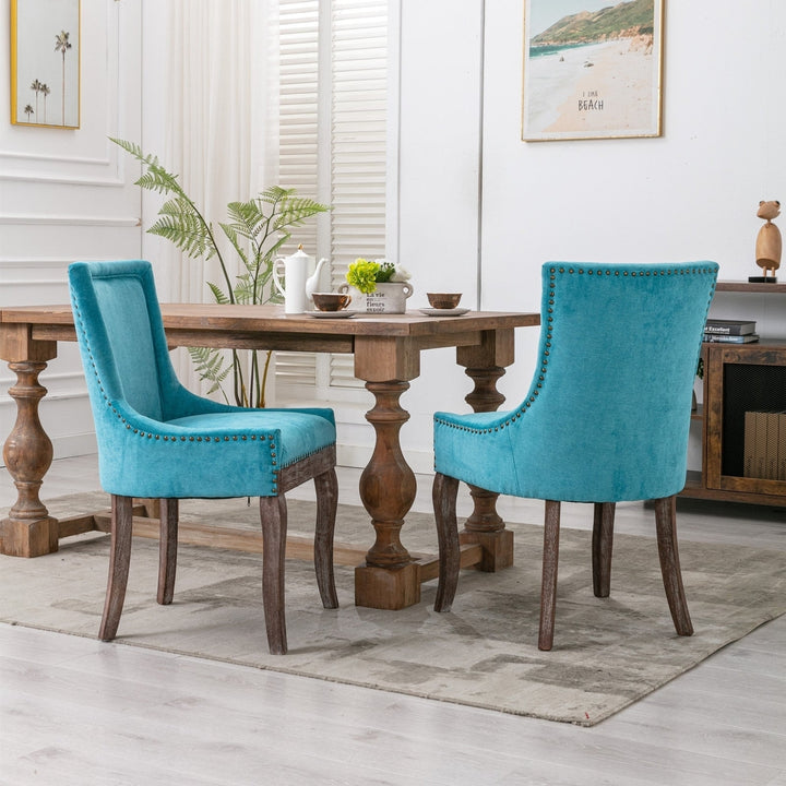 Ultra Side Dining Chair Thickened fabric chairs with neutrally toned solid wood legs Bronze nail head Set of 2 Blue Image 12