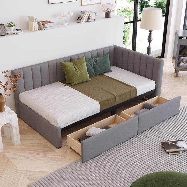 Upholstered Daybed with 2 Storage Drawers Twin Size Sofa Bed Frame No Box Spring Needed, Linen Fabric (Gray) Image 1