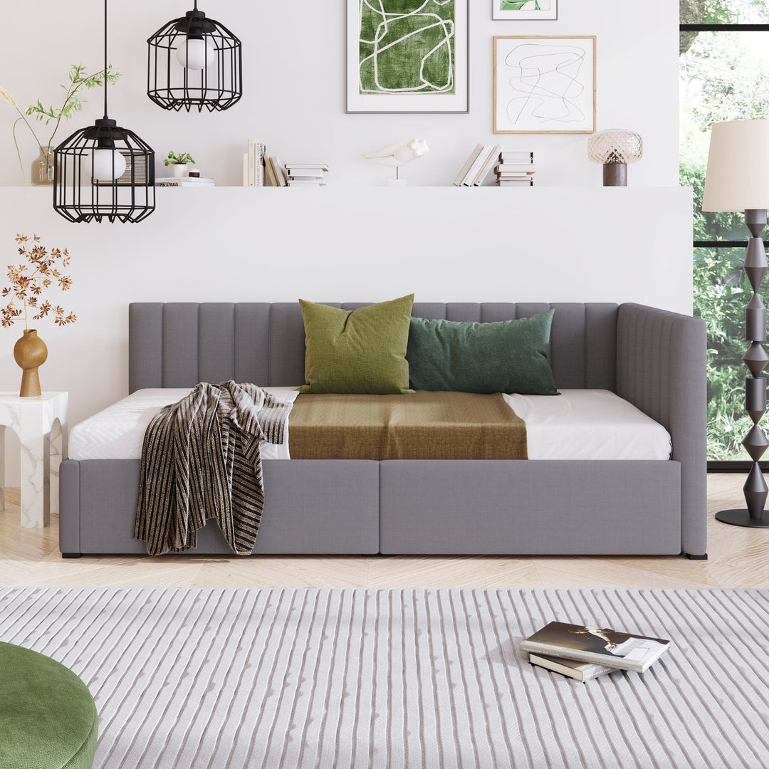 Upholstered Daybed with 2 Storage Drawers Twin Size Sofa Bed Frame No Box Spring Needed, Linen Fabric (Gray) Image 2