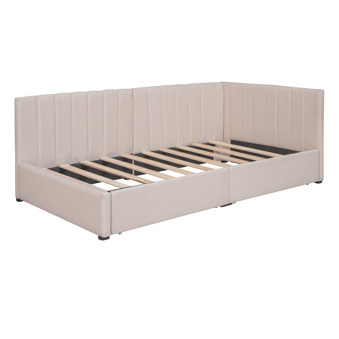 Upholstered Daybed with 2 Storage Drawers Twin Size Sofa Bed Frame No Box Spring Needed, Linen Fabric (Beige) Image 3