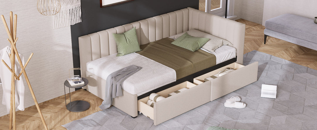 Upholstered Daybed with 2 Storage Drawers Twin Size Sofa Bed Frame No Box Spring Needed, Linen Fabric (Beige) Image 8